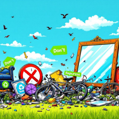 A collection of discarded furniture items outside, highlighting the environmental impact of irresponsible disposal.