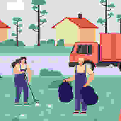 A group of people in overalls participates in a community clean-up, with a recycling bin and garbage truck nearby. Homes and trees are in the background.