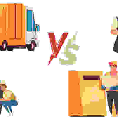 A split image showcasing waste management: a recycling truck on one side and individuals cleaning up litter and recycling on the other.
