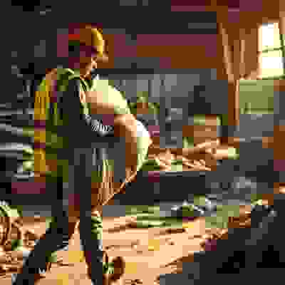 A worker in a yellow safety vest and helmet carries a large bag through a cluttered warehouse filled with debris and scattered items.