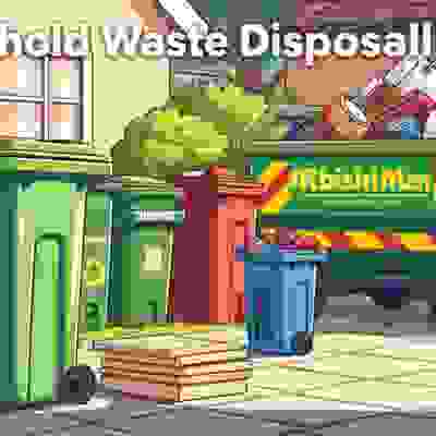 Illustration of colorful recycling bins and a waste disposal truck in a backyard, accompanied by a Household Waste Disposal Guide title.