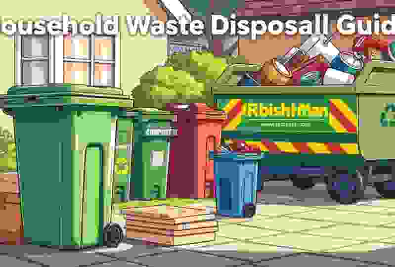Illustration of colorful recycling bins and a waste disposal truck in a backyard, accompanied by a Household Waste Disposal Guide title.