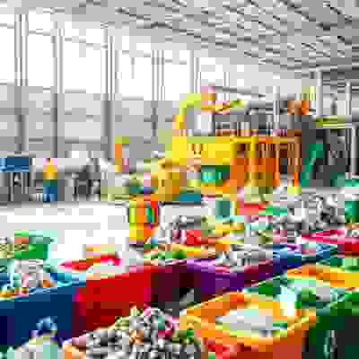 A bright recycling facility with a four-bin system, where colorful bins overflow with sorted materials and workers process waste in a spacious environment.