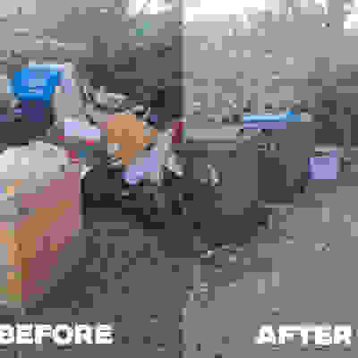 Side-by-side image showing a cluttered area with piles of garbage labeled "Before" and a cleaned-up space with organized bins labeled "After."