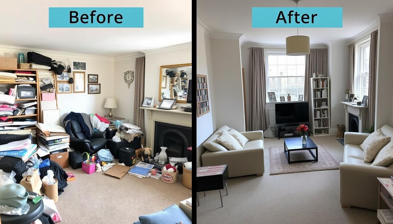 Before and after of a London flat showing guilt-free clearance results